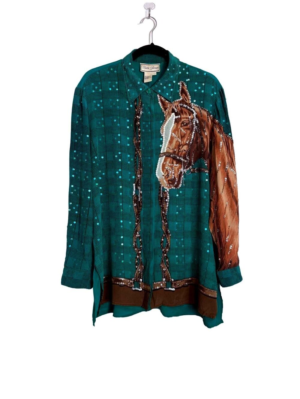 80s Vintage Silk Button-Up Blouse with Horse Print